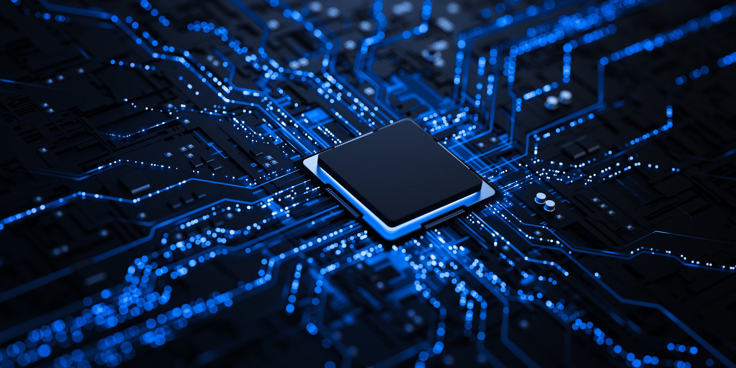 Processor chip on circuit board with copy space for design.